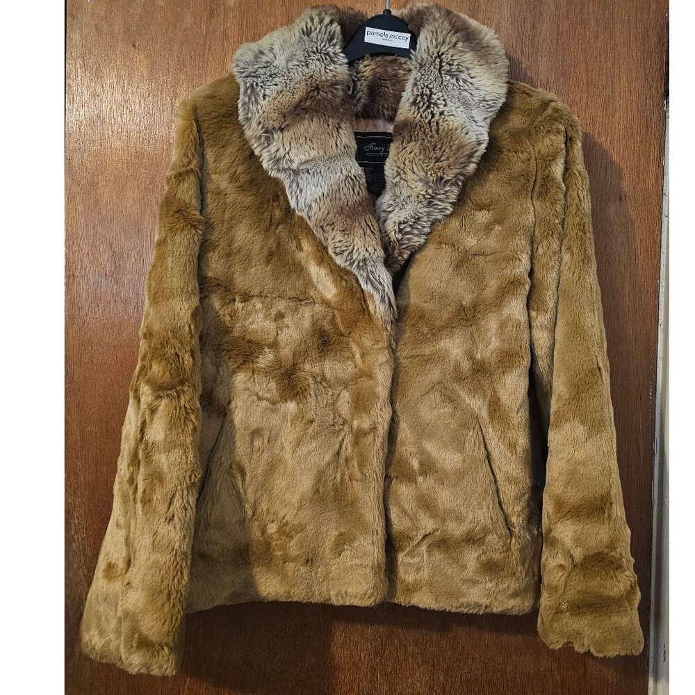 Vintage Terry Lewis XS Golden Brown Faux Fox And Chinchilla Collar Fur Coat Soft